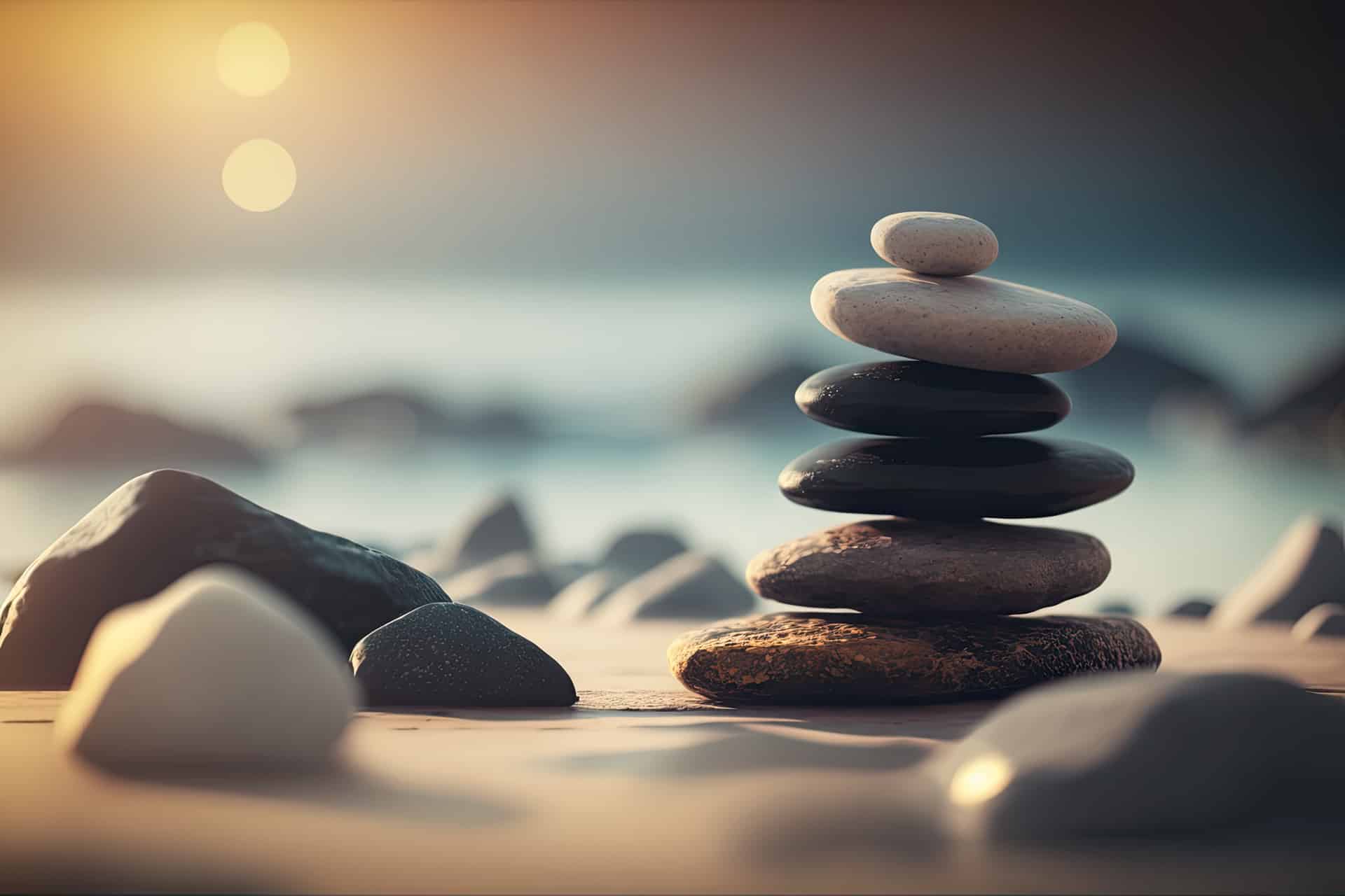 zen stones balanced on the beach. Sunrise light. Meditation and relaxation